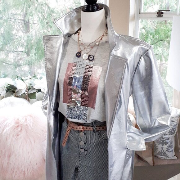 EUC Zara heather grey short sleeve t-shirt w/ sequins & painted accents, L - Picture 9 of 14